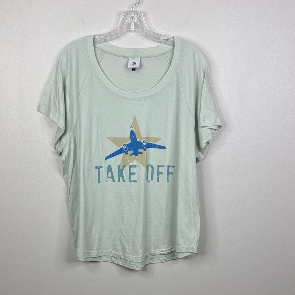 CAbi 6124 Departure Graphic Tee XL Light Green Airplane Travel T-Shirt NWOT